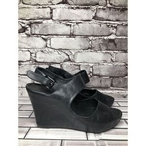 Chocolat Blu Cortez Black Leather Platform Wedge Strap Sandals Women Sz 9M US/40